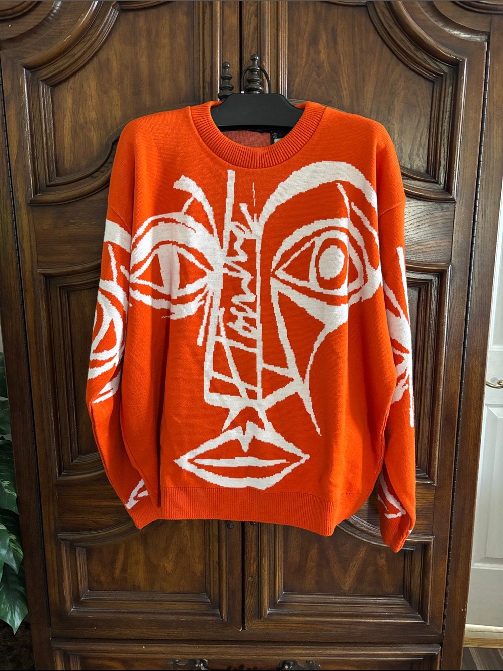 NWT BoohooMAN orange abstract face knit jumper sweater